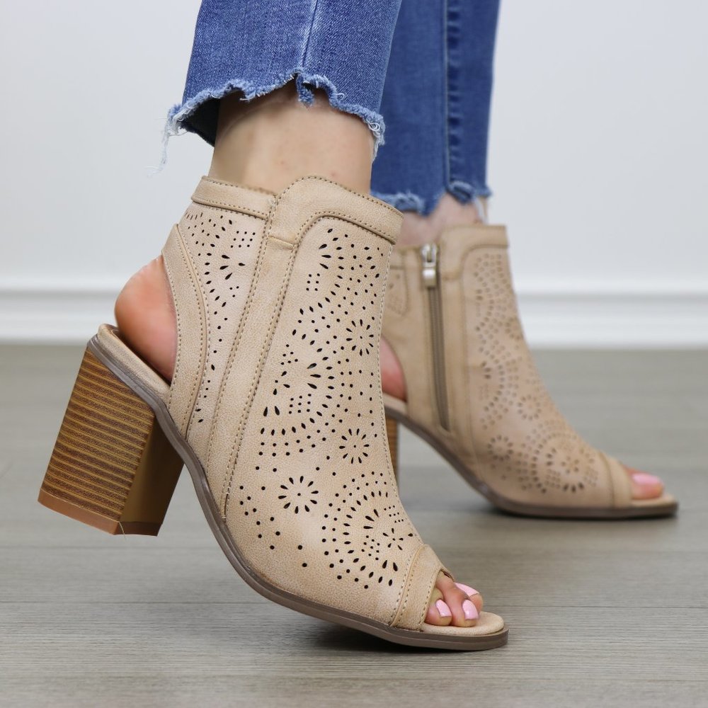 Taupe Peep Toe Heel Sandal Bootie Laser Cut Design - Picture 5 of 8